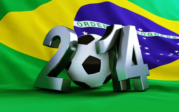 HD desktop wallpaper featuring the 2014 FIFA World Cup theme with a soccer ball and the Brazilian flag in the background, highlighting the Brazil 2014 sports event.