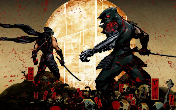 Video game HD PC desktop wallpaper and background for Yaiba: Ninja Gaiden Z — two blood-splattered ninjas duel atop a pile of skulls beneath a glowing moon.