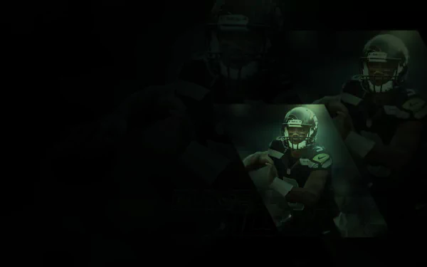HD desktop wallpaper featuring Russell Wilson in Seattle Seahawks NFL gear, highlighting his dynamic football presence with a dark, intense sports-themed background.