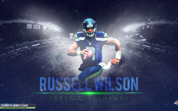 HD desktop wallpaper featuring NFL quarterback Russell Wilson in Seattle Seahawks uniform on a football field with dynamic lighting and sports-themed background.