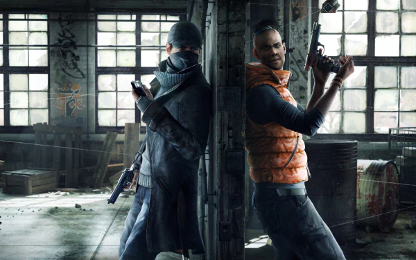 Aiden Pearce stands back-to-back with another character in a gritty urban environment, showcasing their readiness for action in this HD Watch Dogs wallpaper.