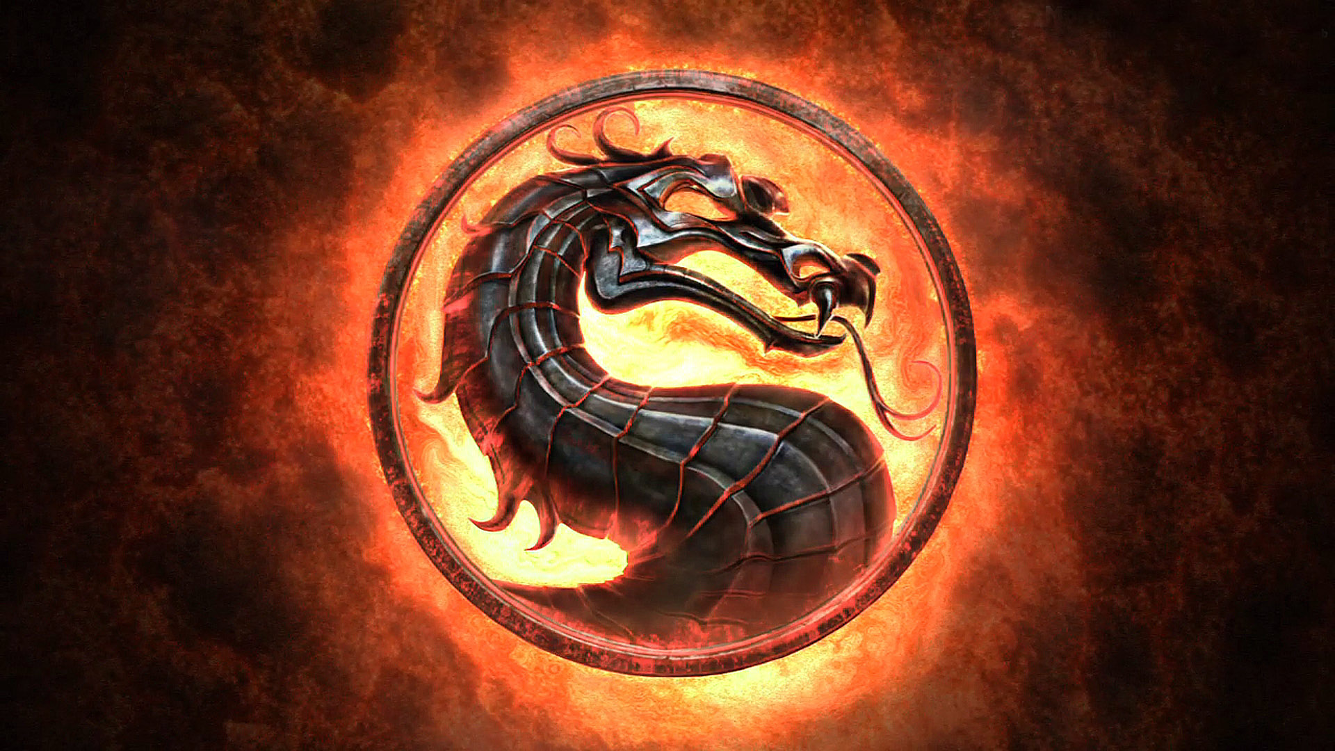 HD desktop wallpaper of Mortal Kombat X featuring the iconic dragon logo engulfed in flames.