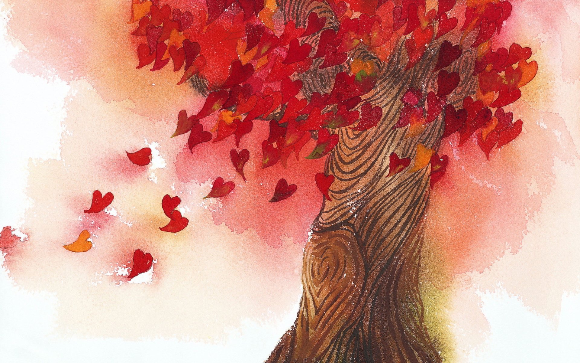 A vibrant tree with heart-shaped leaves in shades of red and orange, set against a soft, colorful background, creating a warm and artistic HD desktop wallpaper.