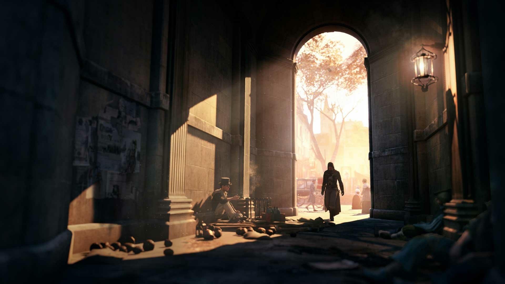 Arno Dorian walks through an archway in a sunlit scene from Assassin's Creed: Unity, capturing the atmospheric spirit of the game in this HD PC wallpaper.