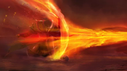 HD wallpaper of a fantasy knight wielding a fiery shield, enveloped in vibrant flames against a dramatic sunset background.