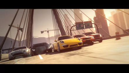 HD PC wallpaper from the video game Need for Speed: Most Wanted (2012), featuring a lineup of high-performance cars racing across a city bridge at sunset.