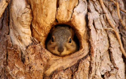 HD PC desktop wallpaper showing a squirrel peeking out from a tree hollow, surrounded by detailed bark textures.
