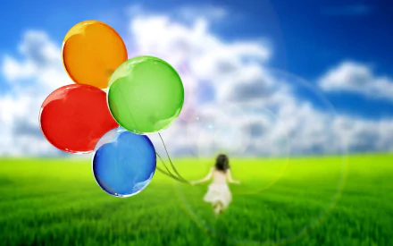A child runs through a vibrant green field, holding colorful balloons against a backdrop of blue sky and fluffy clouds. This HD photo serves as an engaging desktop wallpaper.