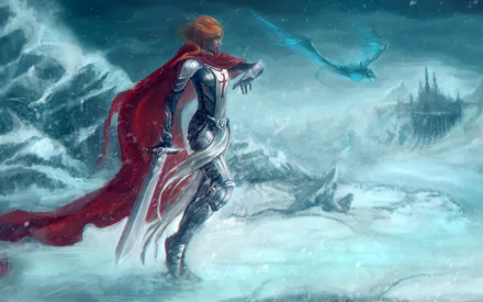 A striking fantasy scene featuring a woman warrior in armor, wielding a sword. She stands bravely in a snowy landscape, with a blue dragon soaring in the background. HD wallpaper.