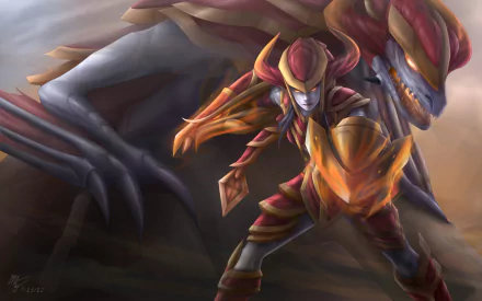 2K Quad HD PC wallpaper of Shyvana (League of Legends): armored dragon-hybrid crouching, fiery orange armor with a looming draconic head.