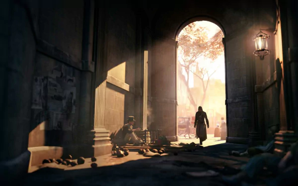 Arno Dorian walks through an archway in a sunlit scene from Assassin's Creed: Unity, capturing the atmospheric spirit of the game in this HD PC wallpaper.