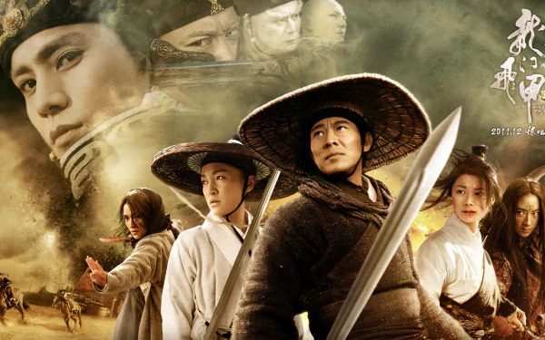 HD PC desktop wallpaper and background for the movie Flying Swords Of Dragon Gate: sword-wielding warriors and allies in period garb against a smoky golden battlefield backdrop.