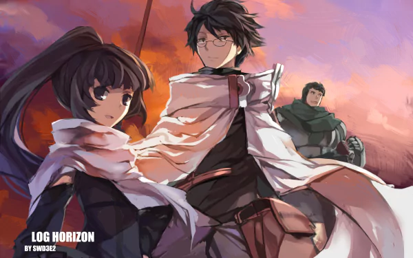 HD wallpaper featuring Shiroe, Akatsuki, and Naotsugu from Log Horizon against a sunset backdrop.