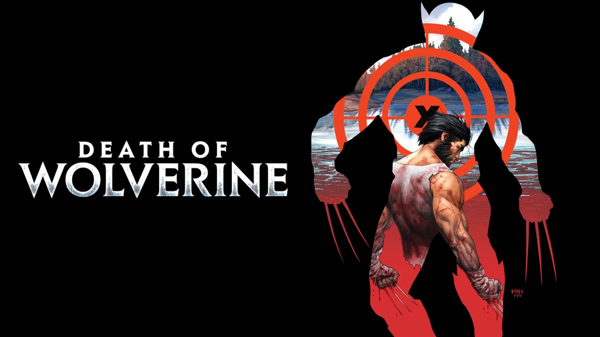 HD PC desktop wallpaper featuring a comic-style design of Wolverine with a red target overlay and the text Death of Wolverine on a black background.