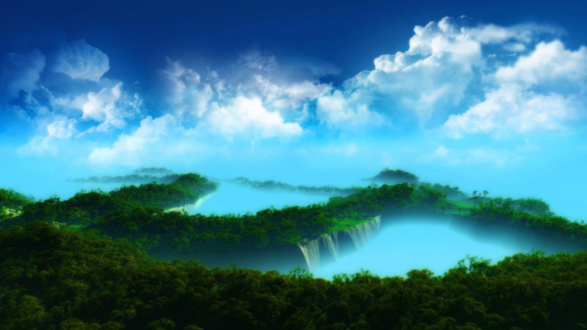 HD fantasy landscape wallpaper featuring floating islands with lush greenery over a serene waterfall, set against a bright blue sky with fluffy clouds.