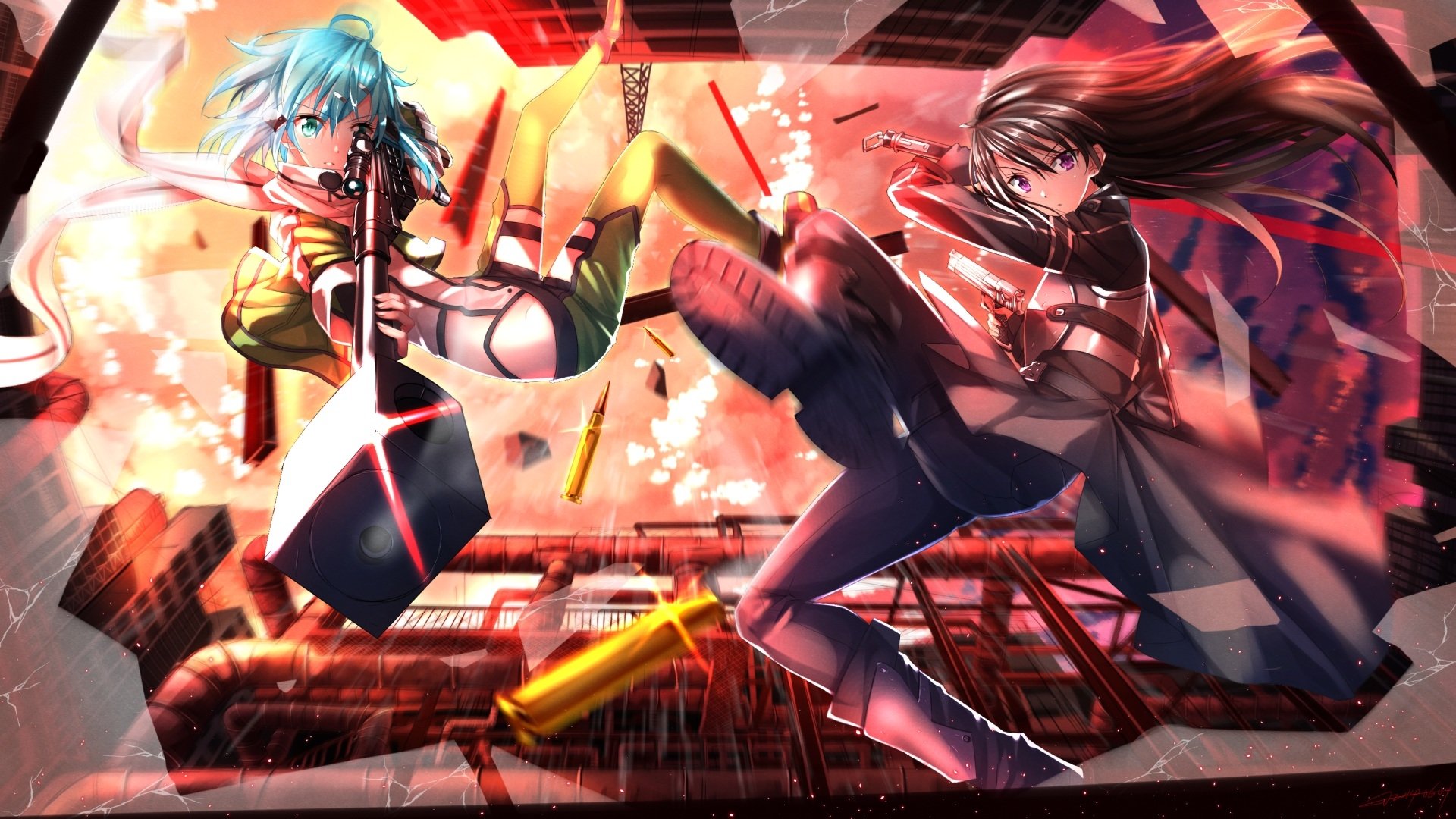 Anime wallpaper featuring Kirito and Sinon from Sword Art Online II, showcasing dynamic action amidst a vibrant, explosive background.