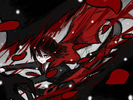 An intense HD anime wallpaper featuring a character from RWBY, surrounded by striking red and black splashes, conveying action and energy in a dramatic composition.