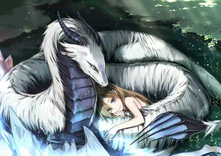 HD desktop wallpaper depicting a fantasy scene with a serene girl and a majestic dragon with blue eyes, curled together in a mystical water setting.