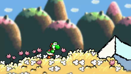 HD PC desktop wallpaper of the video game Super Mario Advance 3: Yoshi's Island — Yoshi walking across a flowered hill with pastel rounded mountains and a bright blue sky.