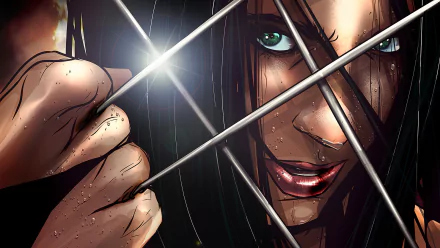 Comic-style HD PC desktop wallpaper background of X-23: close-up of her face with a green eye and feral smirk, crossed metal claws, rain-speckled skin and dramatic lighting.