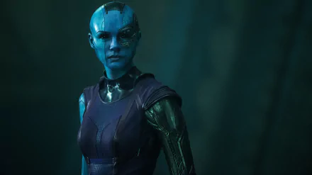 Karen Gillan portrays Nebula in this striking 4K Ultra HD wallpaper from Marvel's Guardians of the Galaxy, showcasing her blue skin and powerful presence.