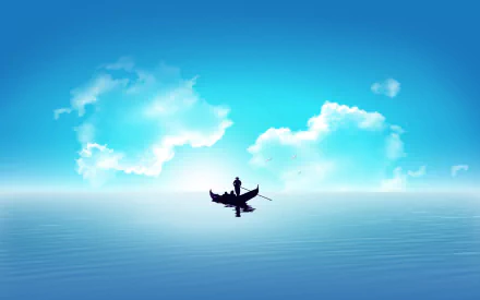 HD desktop wallpaper featuring a lone fisherman in a small boat on calm blue waters under a bright sky with scattered clouds.