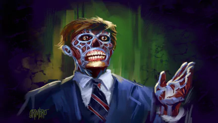 HD PC desktop wallpaper featuring a stylized, skeletal-faced figure from the movie They Live, set against a dark, eerie background with green and purple tones.