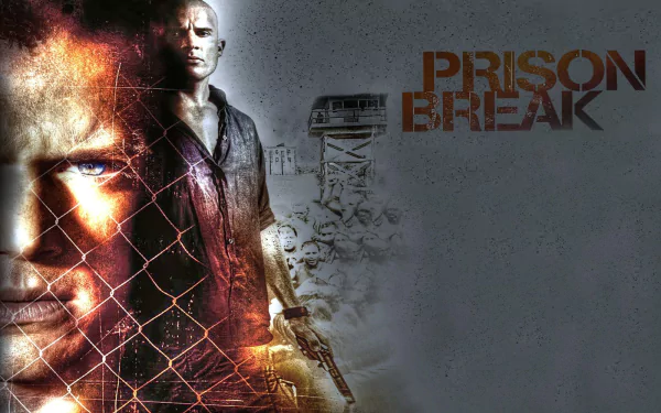 HD desktop wallpaper featuring characters from the TV show Prison Break. The background includes imagery of prison elements and the show's title in large text on the right side.