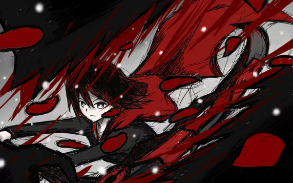 An intense HD anime wallpaper featuring a character from RWBY, surrounded by striking red and black splashes, conveying action and energy in a dramatic composition.