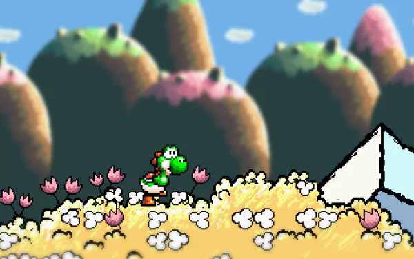 HD PC desktop wallpaper of the video game Super Mario Advance 3: Yoshi's Island — Yoshi walking across a flowered hill with pastel rounded mountains and a bright blue sky.