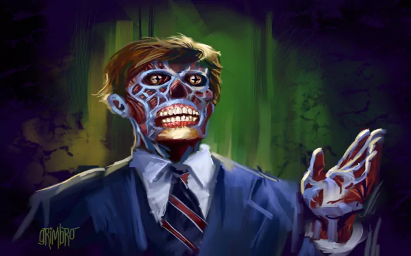 HD PC desktop wallpaper featuring a stylized, skeletal-faced figure from the movie They Live, set against a dark, eerie background with green and purple tones.