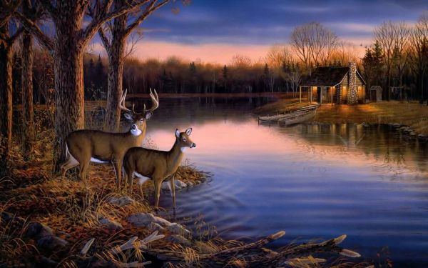 HD wallpaper featuring two deer by a tranquil lake near a cozy cottage surrounded by trees during twilight.