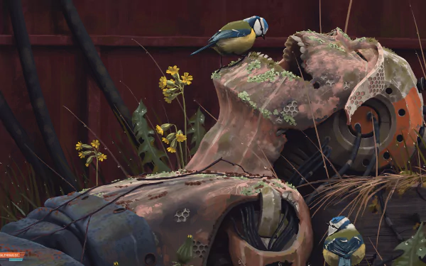HD wallpaper featuring a weathered sci-fi robot, overgrown with plants and accompanied by birds, creating a compelling blend of nature and technology.