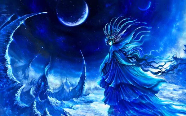 Fantasy-themed HD PC desktop wallpaper featuring a mystical fairy in flowing blue robes amidst an otherworldly, moonlit landscape with ethereal light and surreal shapes.