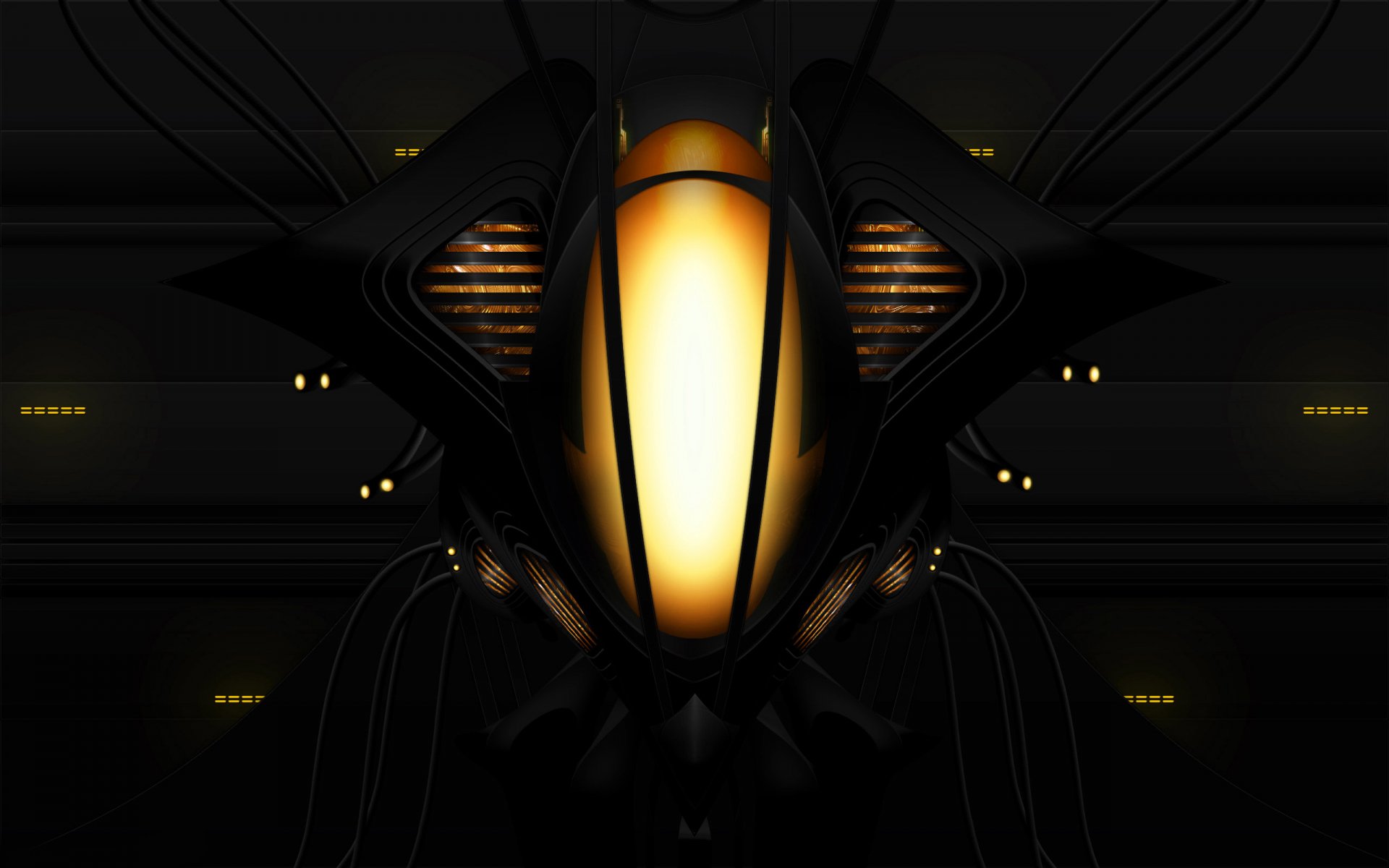 An abstract HD PC desktop wallpaper featuring a striking design with a glowing golden center and dark, intricate shapes, creating a cool, futuristic vibe.