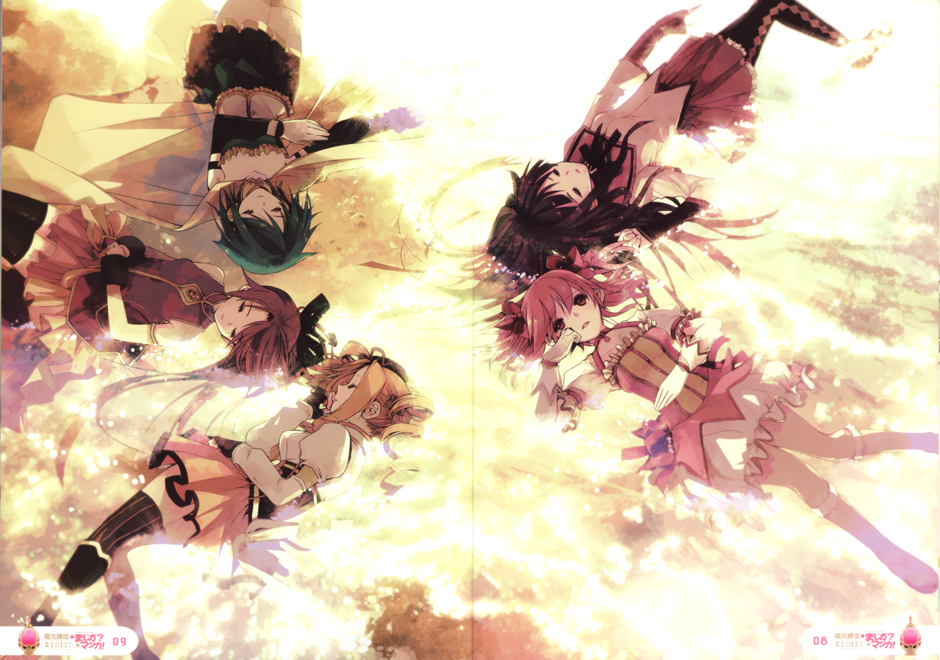 A vibrant HD wallpaper featuring the main characters from *Puella Magi Madoka Magica*: Sayaka Miki, Mami Tomoe, Kyōko Sakura, Madoka Kaname, and Homura Akemi, set against a fiery backdrop.