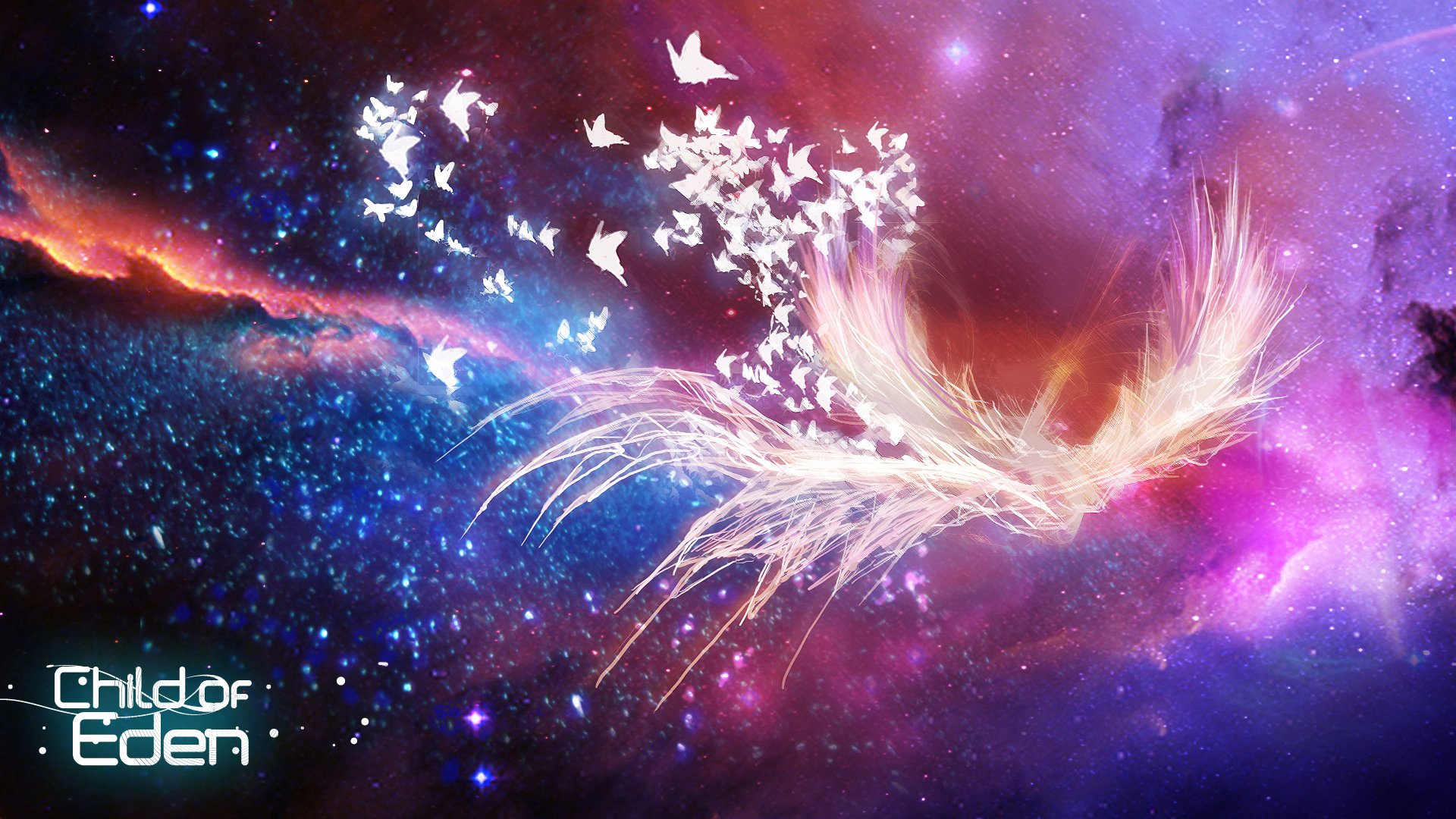 HD PC desktop wallpaper featuring vibrant, cosmic visuals and ethereal bird-like figures inspired by the video game Child of Eden.