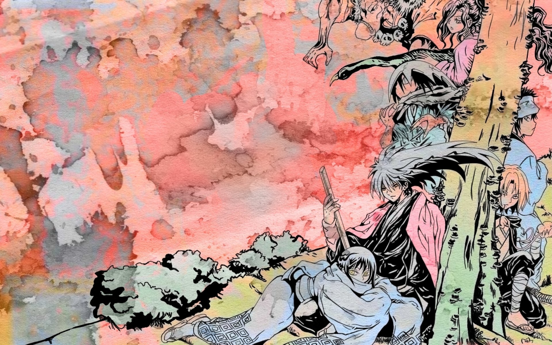 HD PC desktop wallpaper featuring dynamic anime characters from Nurarihyon no Mago against a textured, artistic background blending soft pink and gray tones.