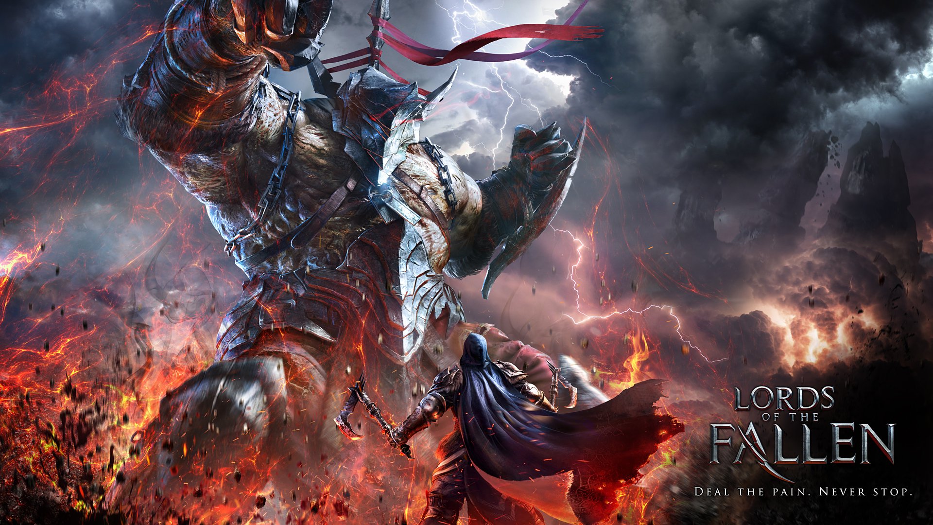 HD PC desktop wallpaper from the video game Lords of the Fallen, featuring a dramatic battle between a warrior and a towering armored giant amid fiery and stormy skies.
