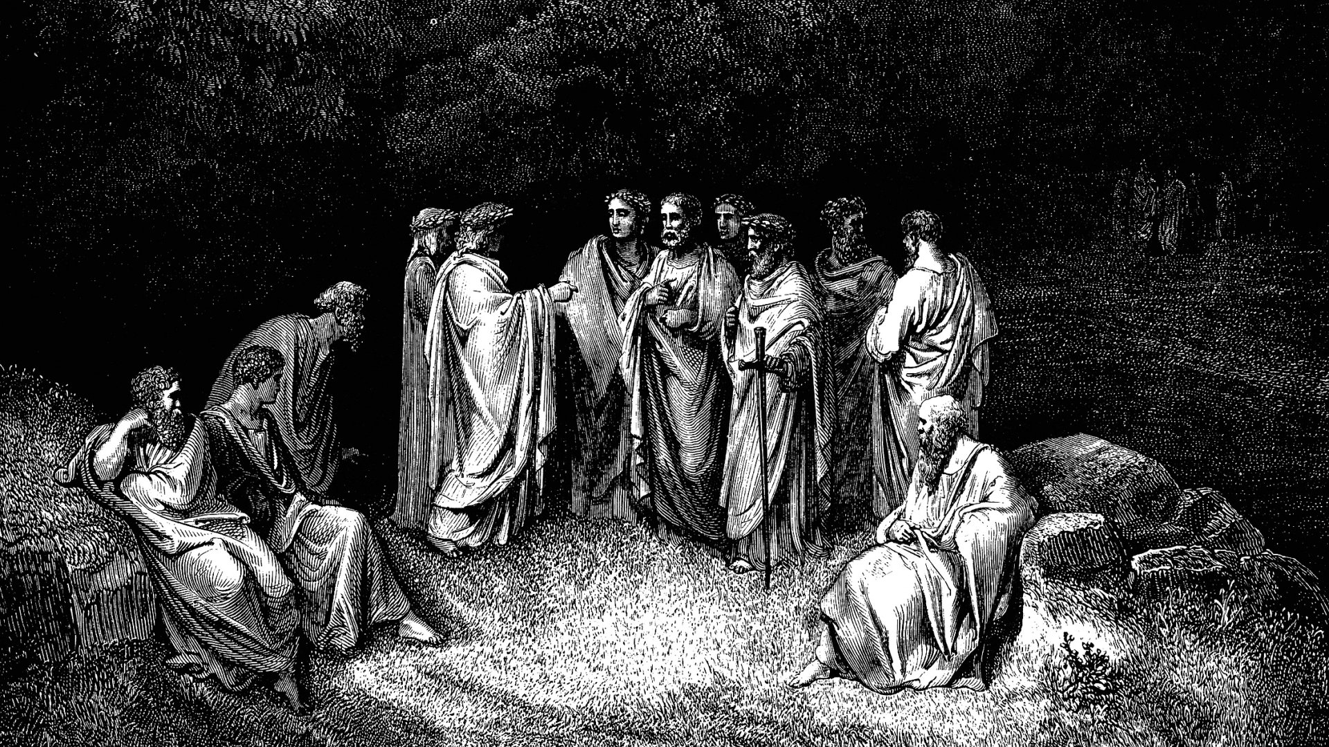 Artistic engraving-style HD PC desktop wallpaper and background: robed figures gathered in a moonlit forest clearing, some seated, one gesturing.