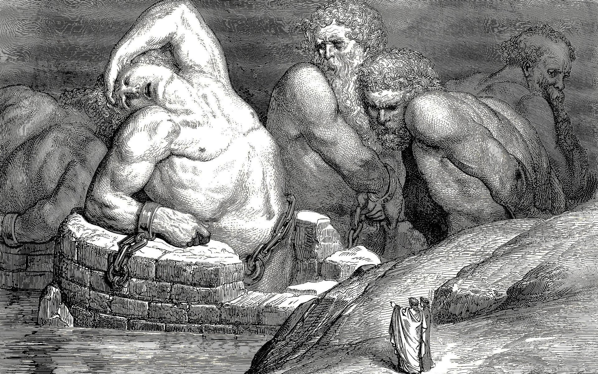 Artistic black-and-white illustration of chained, muscular figures crouching in stone basins by a rocky shore; dramatic engraving-style scene — HD PC desktop wallpaper and background.