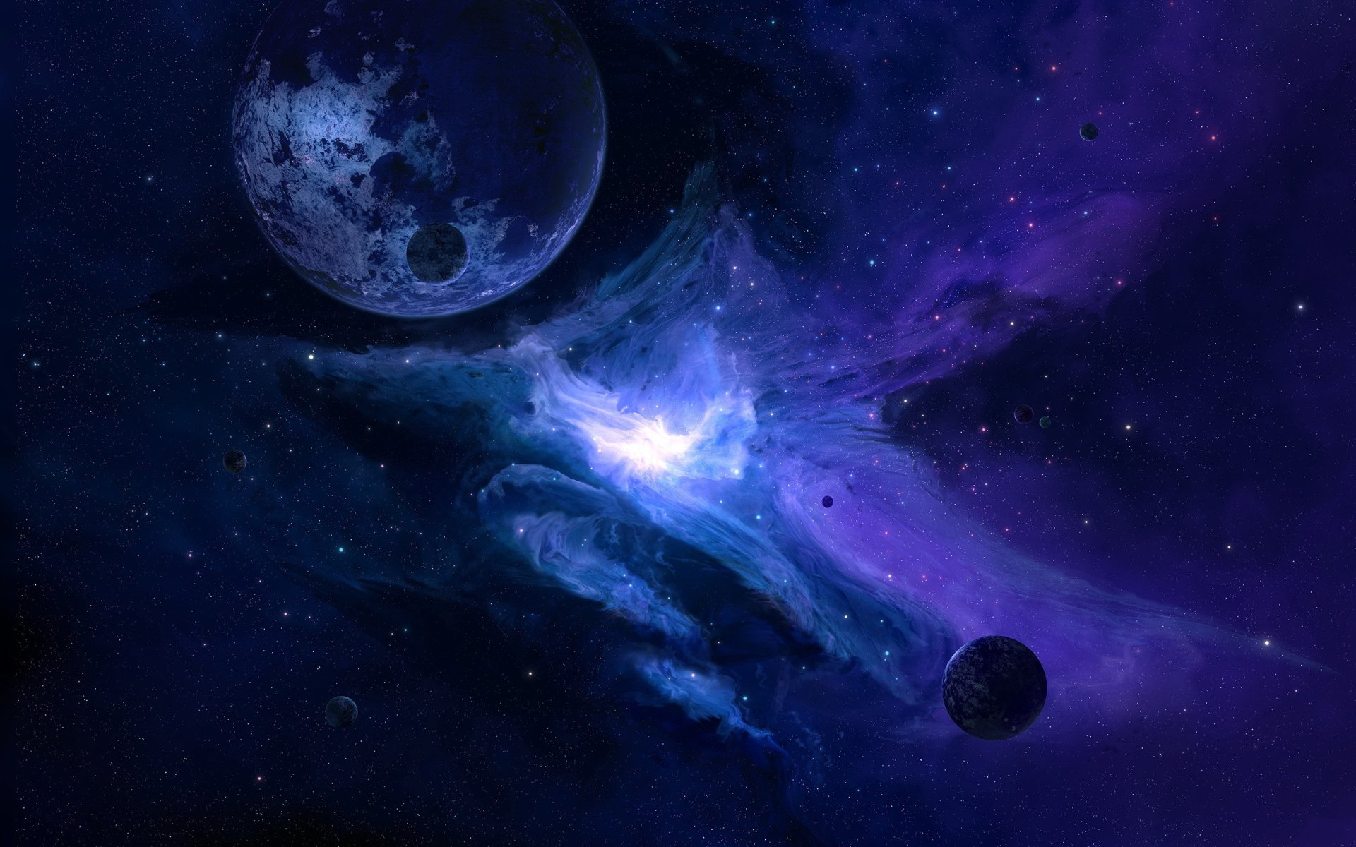 HD PC desktop wallpaper featuring a sci-fi scene with a detailed planet and a smaller moon against a vivid, star-filled purple and blue cosmic background.