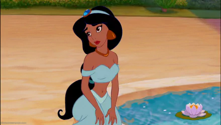 HD PC desktop wallpaper featuring Princess Jasmine from Disney's Aladdin video game, standing by a water's edge with a pink lotus flower floating nearby.