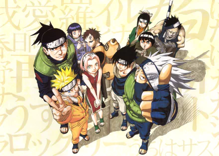 HD desktop wallpaper featuring characters from the anime Naruto, including Hinata Hyuga, Gaara, Naruto Uzumaki, Sasuke Uchiha, Itachi Uchiha, Sakura Haruno, Kakashi Hatake, and Rock Lee.