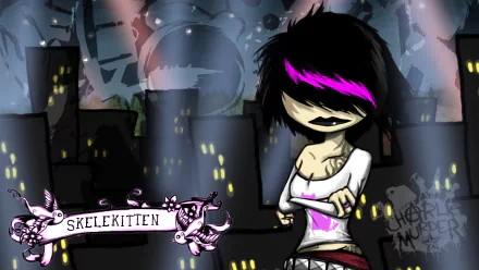 HD PC desktop wallpaper featuring a stylized character from the video game Charlie Murder with dark cityscape and neon purple highlights.