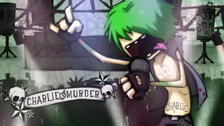 HD PC desktop wallpaper featuring a character with green hair holding a microphone in a dynamic pose from the video game Charlie Murder.