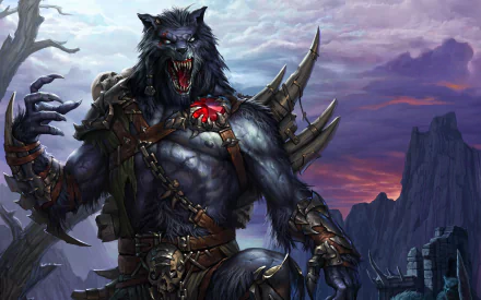 HD wallpaper of a fearsome werewolf with a skull, set against a dark, moody backdrop with mountains and a twilight sky.