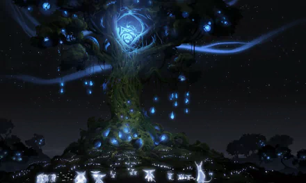 A serene HD wallpaper from Ori and the Blind Forest, featuring a luminous tree surrounded by ethereal lights and gentle creatures in a magical forest setting.