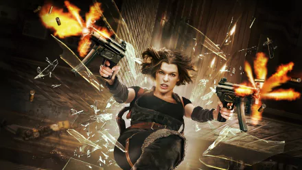 HD desktop wallpaper featuring Milla Jovovich as Alice from Resident Evil: Afterlife, dynamically firing dual pistols amid shattering glass and fiery gunfire.