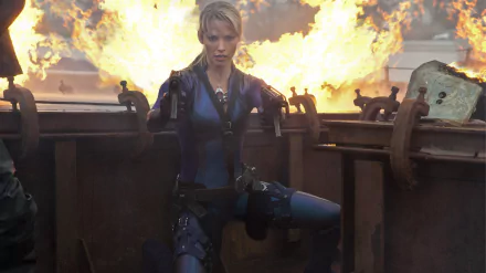 Sienna Guillory in action from the movie Resident Evil: Retribution, featured in a dynamic HD PC desktop wallpaper with an explosive background.